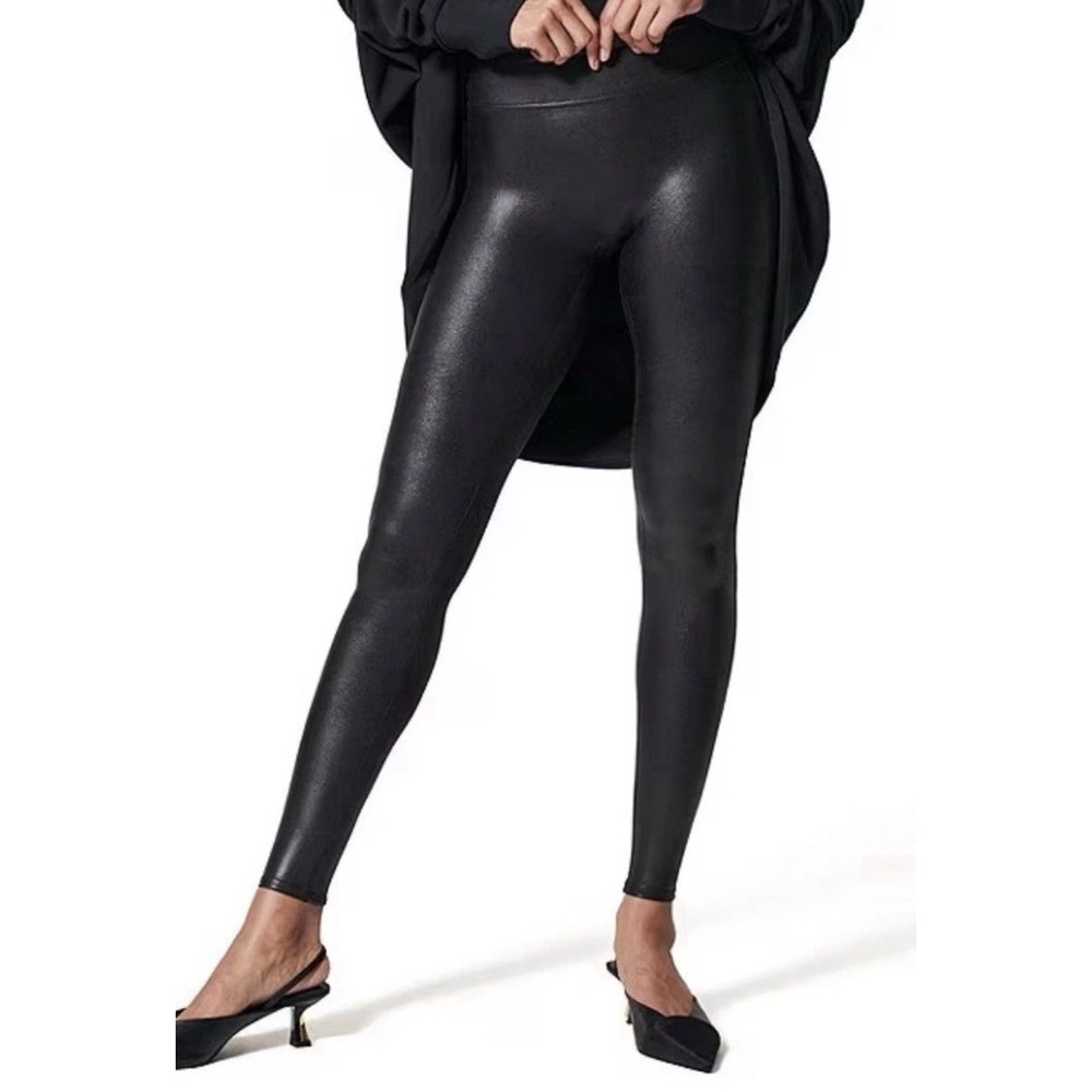 Spanx Black Faux Leather Leggings Pants Womens Size XL High Rise Stretch